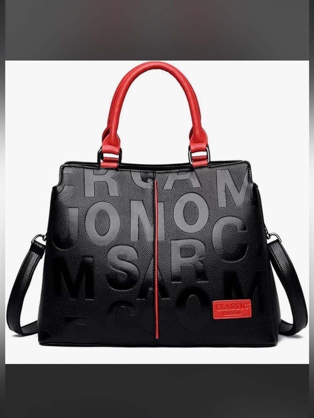 Black & Red Embossed Lettering Shoulder Bag